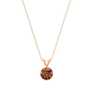 1 Ct Round Cut Brown Solid 14K Rose Gold Solitaire Bezel Pendant 18" Necklace - Picture 1 of 2