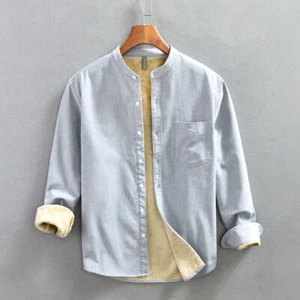 Men Mandarin Collar Warm Lined Oxford Shirt Slim Long Sleeve Button Thermal Top - Picture 1 of 15