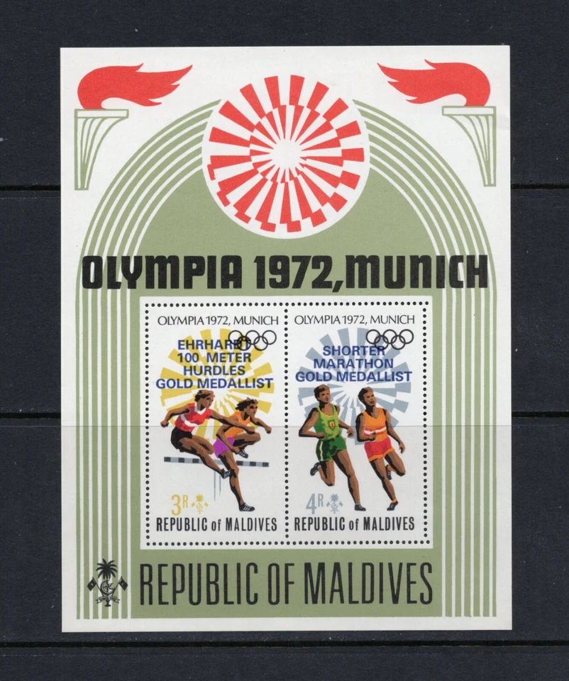 R6770 Maldivas 1973 Juegos Olímpicos Sobreimpreso Hoja Perf MNH Foto 1 de 1