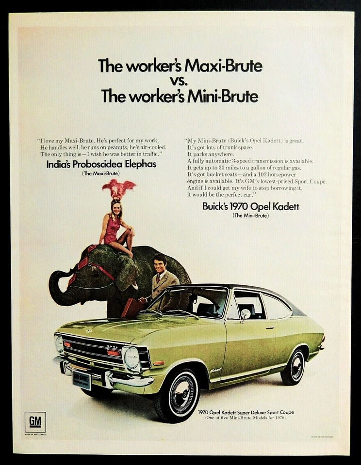 Buick Opel Kadett car ad vintage 1970 mini brute car elephant advertisement - Image 1 of 1