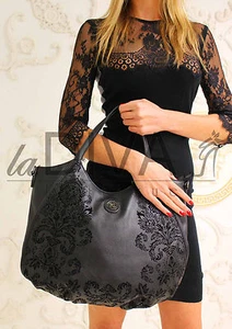 MARINA GALANTI ~ Italy Tasche edler Flock brokat barock Look schwarz Leder Optik - Picture 1 of 2