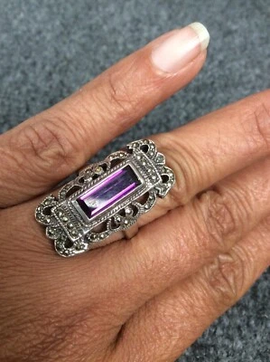 Declaración anillo art deco de colección de plata esterlina 925 marcasita piedra púrpura talla 7,5 Foto 1 de 4