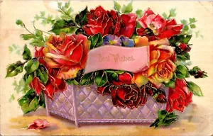 Red Yellow Roses Basket Best Wishes embossed Postcard1908 Cedar Creek - Picture 1 of 2