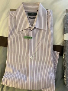 Hugo Boss Shirt Mens Purple White Striped Long Sleeve French Cuffs 15.5 32 33 - Picture 1 of 6