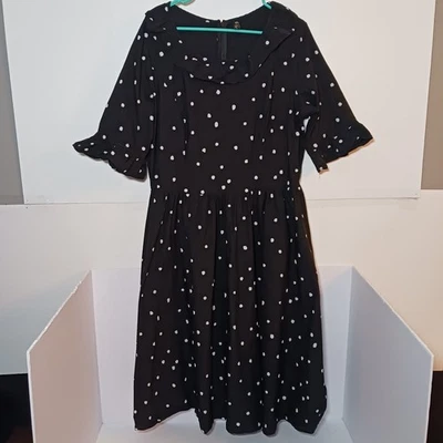 Gown Town 1950s Ruffle Sleeve Swing Dress Women Sz XXXL Black Polka Dot - Image 1 of 4