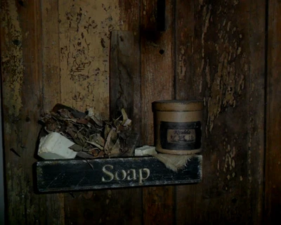 Primitive Soap Box,  Lye Soap, Corn Husk Scrub Brush,  Old Cabin Wall Box, Lath - Image 1 of 4