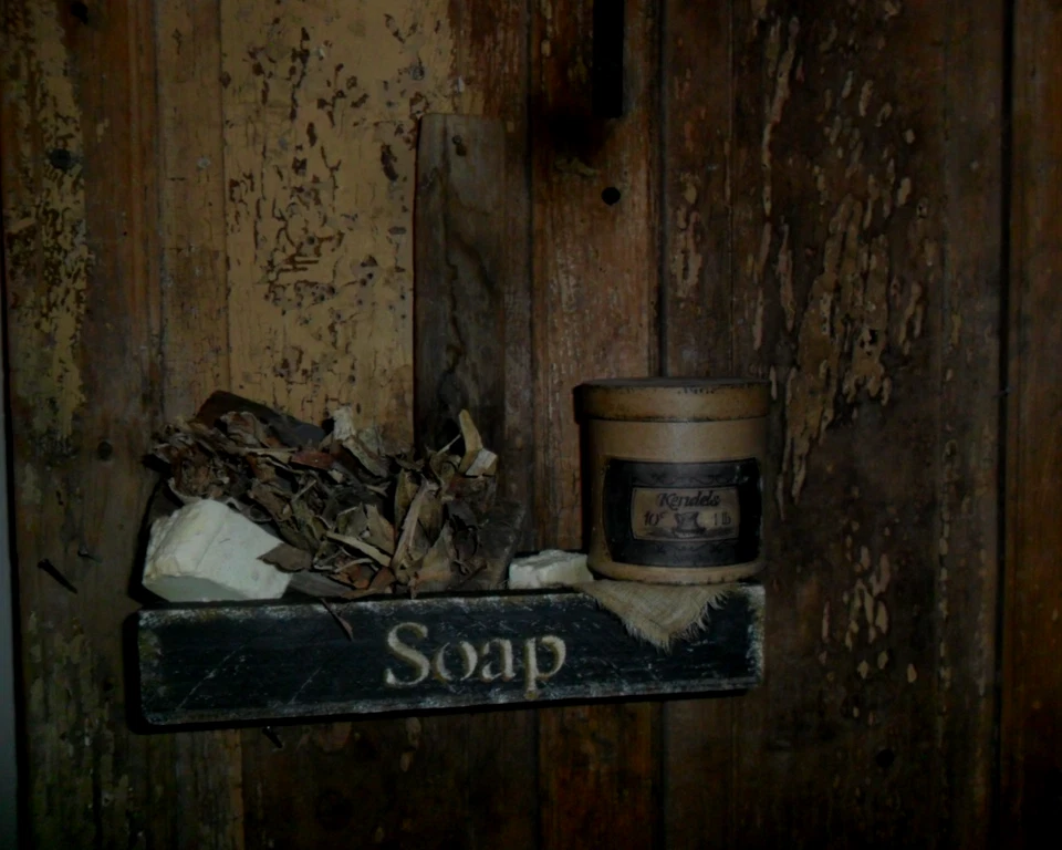 Primitive Soap Box,  Lye Soap, Corn Husk Scrub Brush,  Old Cabin Wall Box, Lath - Image 1 of 4