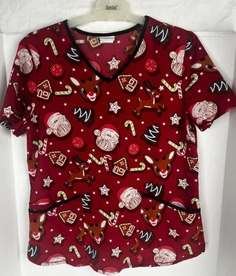 RUDOLPH Red Nosed Reindeer Holiday Scrub Top Adult Sz Medium Pediatrics Nursing - Image 1 of 4