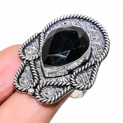 Anello In Argento Sterling 925 Fatto A Mano In Spinello Nero Taglia 7 - Immagine 1 di 4