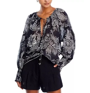 Farm Rio Paisley Bloom Black White V Neck Top Size Large - Picture 1 of 13