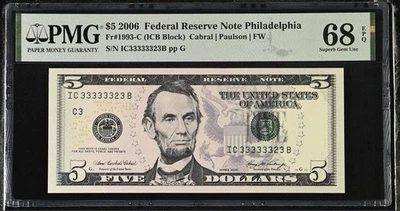2006 $5 FRN PMG 68 EPQ – 7 of a Kind Fancy Serial IC33333323B – Philadelphia GEM - Image 1 of 3