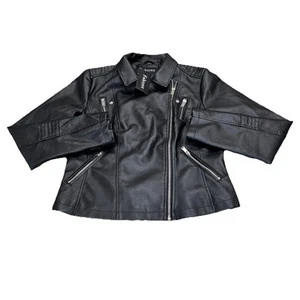 Fahsyee Jacket Women’s Med Black Zip Front PU Faux Leather Snap Flaps Biker New - Picture 1 of 9