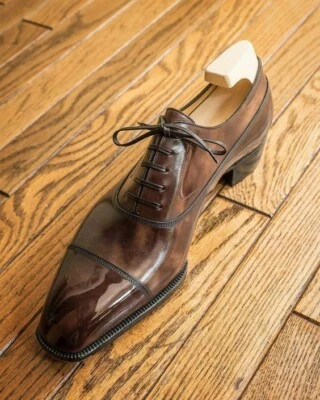 Chaussures de mariage en cuir marron Oxford à bout capé avec lacets en cuir - Photo 1/4