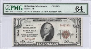 FIRST NB STILLWATER, MN $10.00 1929 PMG 64 Charter 2674 - Picture 1 of 2