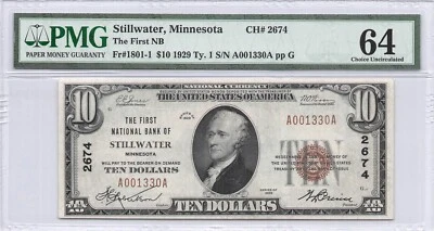 FIRST NB STILLWATER, MN $10.00 1929 PMG 64 Charter 2674 - Image 1 of 2