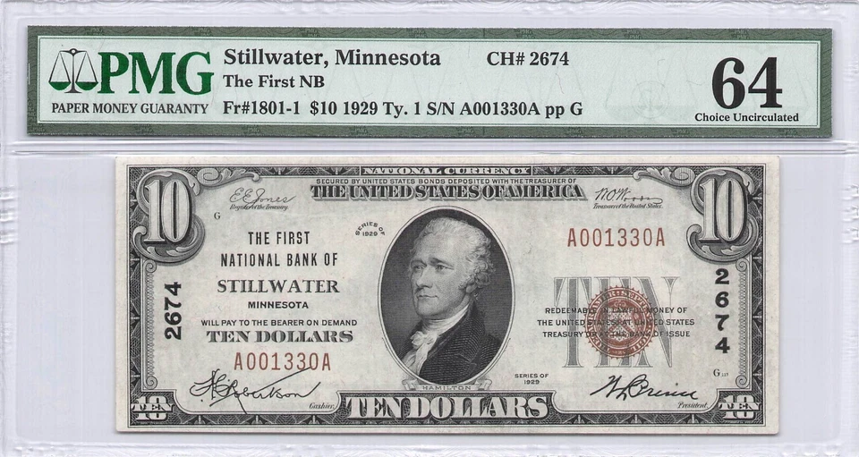 FIRST NB STILLWATER, MN $10.00 1929 PMG 64 Charter 2674 - Image 1 of 2