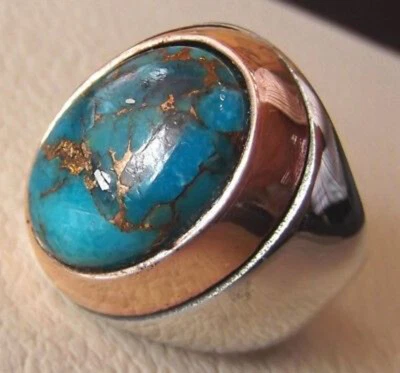 Solid 925 Sterling Silver Natural Blue Copper Turquoise Gemstone Men's Gift Ring - Image 1 of 4