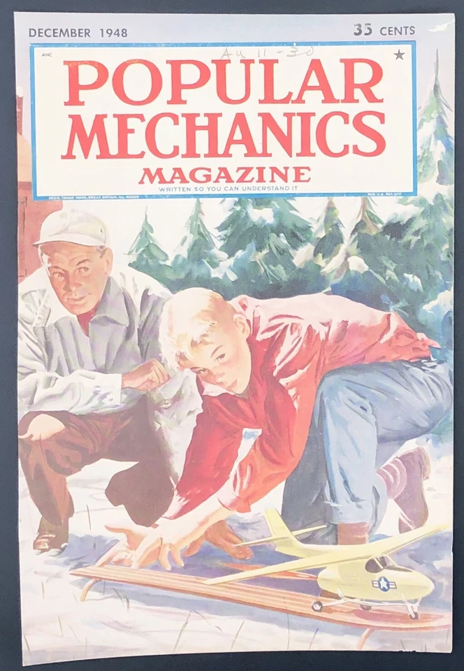 Original Dec. 1948 Popular Mechanics: model airplane, winter, father & son - Image 1 of 1