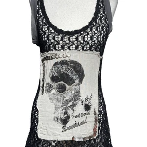 Black Lacy and Linen Embellished Graphic Gypsy Tank Size Small - Picture 1 of 4