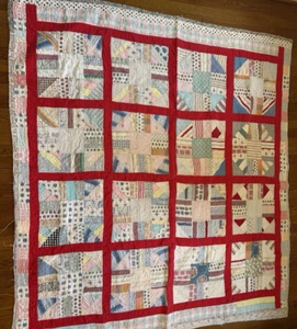 Vintage Antik Quilt Handarbeit Patchwork Mehrfarbig Rot Pastell Handgenäht - Bild 1 von 24