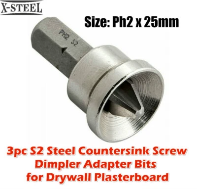 3pc x 25mm S2 Steel Drywall Plasterboard Countersink Screw Dimpler Adapter Bits - image 1 of 2