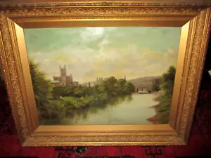 BATH ABBEY MASSIVE 1870S OIL ON CANVAS FRAMED OF BATH CITY AND RIVER WEIR BATH S - Picture 1 of 8