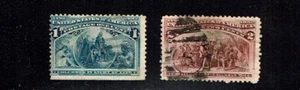 1893 U.S. COLUMBIAN EXPO Issue 1c & 2c Sc#230-1 Used Shoeprint Cancel Note* - Picture 1 of 1
