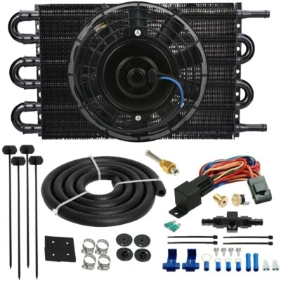 6 PASS TRANSMISSION OIL COOLER FAN 6AN 3/8" HOSE 180F THERMOSTAT TEMP SWITCH KIT - Image 1 of 4