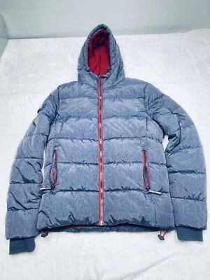 Superdry Chaqueta Abrigo Hombre M Azul Rojo Capucha Cremallera Completa Puffer Acolchado Cordón Foto 1 de 4