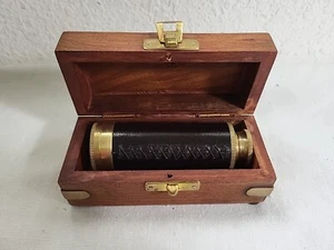 Vintage Leather Wrapped Brass Telescope Spyglass with Wooden & Brass Case - Picture 1 of 3