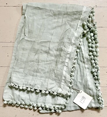 Matta NY Dupatta Silk Cotton Pom Pom Tassels Scarf Shawl Pale Green Retail $225 - Image 1 of 3