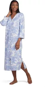 Miss Elaine Quilted Floral Robe 3/4-Sleeve Blue Floral print zip front - Picture 1 of 2