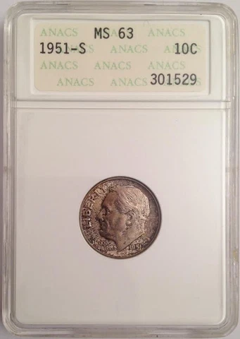 1951-S Roosevelt Silver Dime - ANACS MS 63 - Extremely RARE Generation 3 Holder! Cover