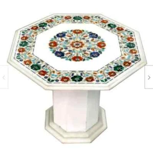 Mesa de centro de mármol blanco 24" incrustación de malaquita lapislázuli con soporte de mármol k19 - Imagen 1 de 4