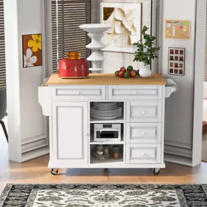 Kitchen Cart with Rubber Wood Desktop Rolling Mobile Kitchen Island with Storage - Picture 1 of 24