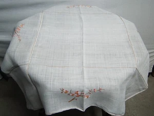 Hand Embroidered Pink Floral Card Tablecloth 35" x 35" Square VTG Fine Cotton - Picture 1 of 16