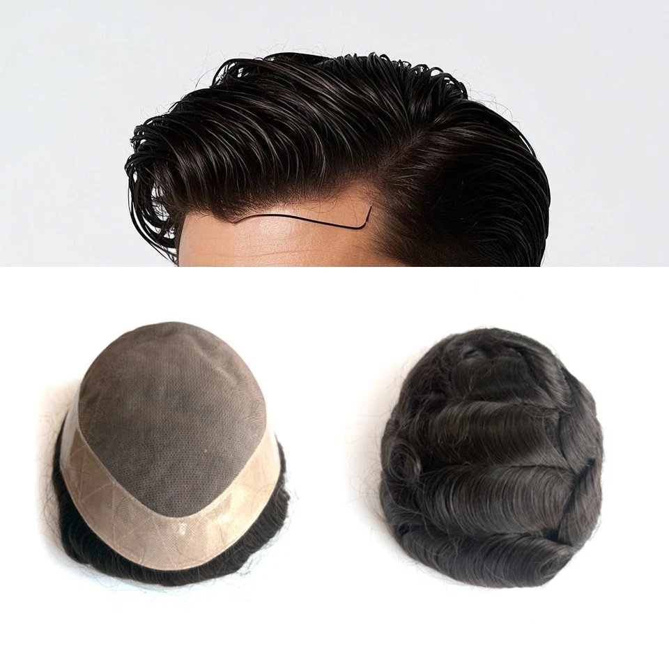  Reemplazo de cabello humano toupee duradero para hombre sistema mono PU fino postizos #1B Foto 1 de 4