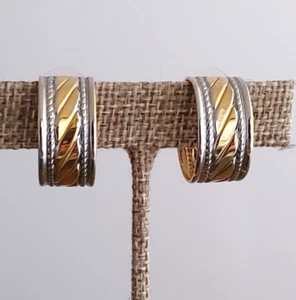 Silver Gold Tone HOOP Post Earrings 2 Tone Mixed Metal Rope Pattern 7/8" - Picture 1 of 8