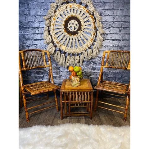 Vintage Bamboo Folding Chairs And Stackable Bamboo Nesting Tables Set Cover