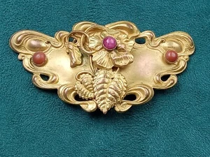 Amazing Brass & Glass Two Piece Buckle w. Flower Leaf Theme 3" wide x 1.5" tall - Picture 1 of 6
