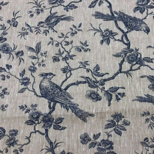 French Isabelle 100% Linen Bird Toile Fabric in Blue Curtain Upholstery Cushion - Picture 1 of 3