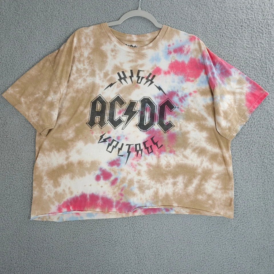 ACDC рубашка женщин XL коричневый розовый синий галстук краситель высокого напряжения вырез укороченный футболка - Изображение 1 из 4