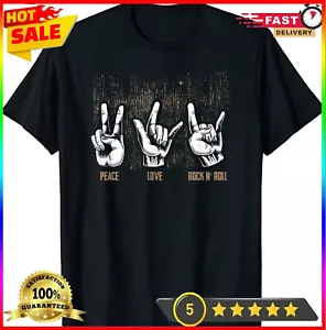Peace Love Rock And Roll Guitar Retro Hippie Gift Unisex T-Shirt - Picture 1 of 6