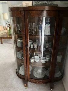 ANTIQUE Larkin Co Oak China Cabinet Curved Glass Backsplash w/Beveled Mirror - Picture 1 of 1