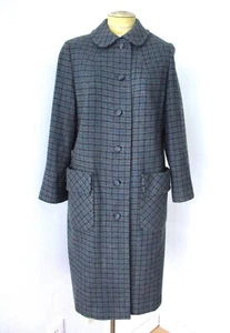 Vtg 50s 60s Rockabilly Blue Gray Houndstooth Check Tweed Overcoat Coat Belt S/M - Picture 1 of 6