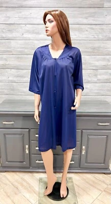 Bata de nailon sedoso vintage azul marino manga corta de Vassarette XL Foto 1 de 4