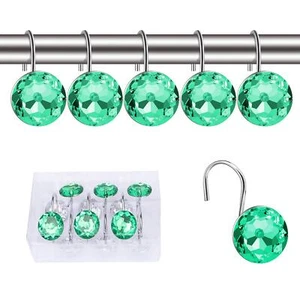 Acrylic Rolling Shower Curtain Hooks Rhinestone Decor 12 Rings Green - Picture 1 of 5