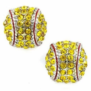 Softball Earrings Stud Crystal Rhinestone Silver Bling Yellow Fastpitch Earring - Picture 1 of 5