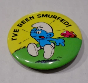 Vintage 1981 2 1/4" I've Been Smurfed! Pinback Button Peyo Walter Berrie Co. EUC - Picture 1 of 4