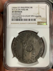 PHILIPPINES COUNTERSTAMP ON 8R PERU CUZCO 1831G NGC XF DETAILS LEGARDA PEDIG     - Picture 1 of 6